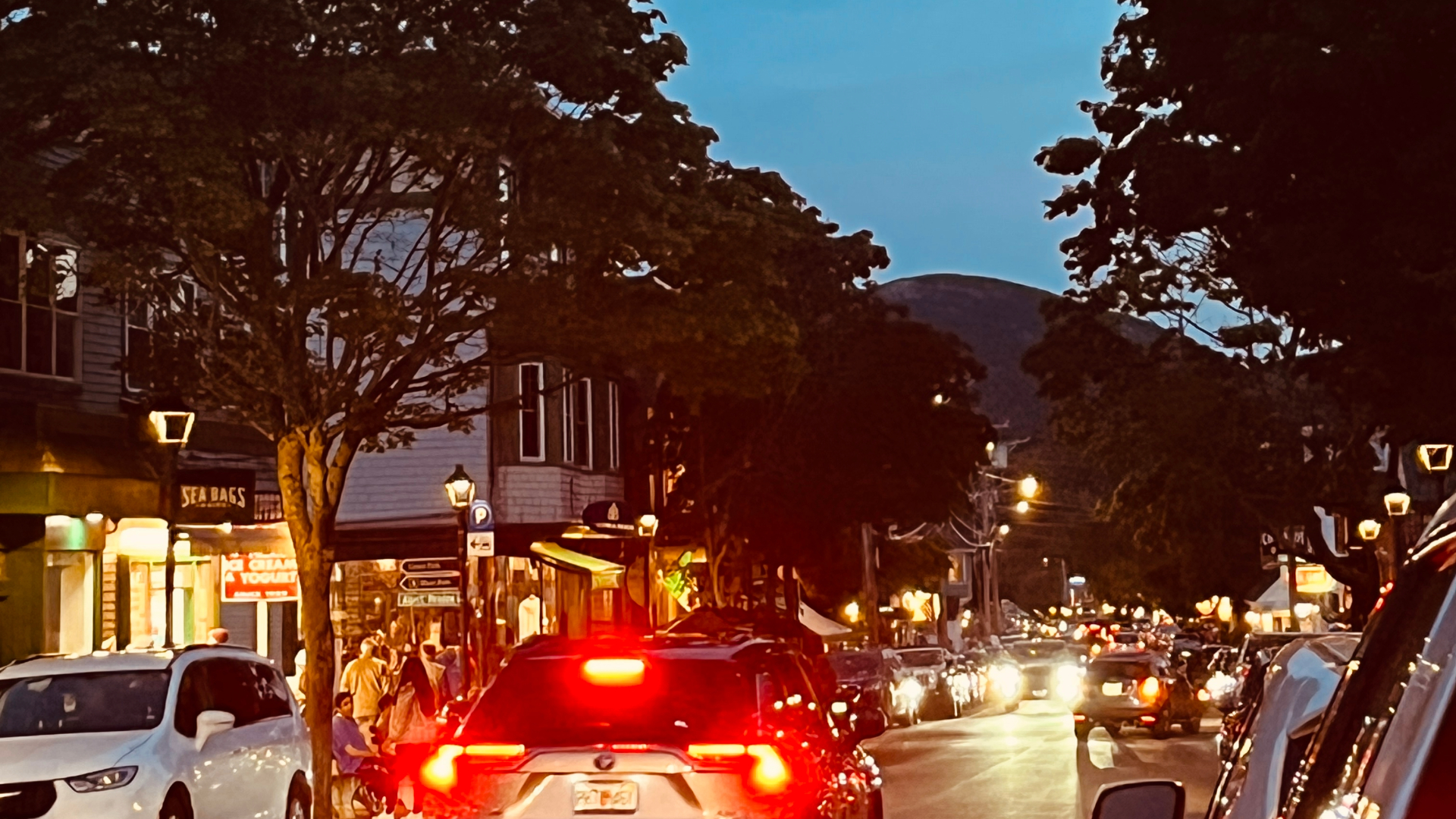 Bar Harbor Maine downtown Main Street after sunset first time visit
