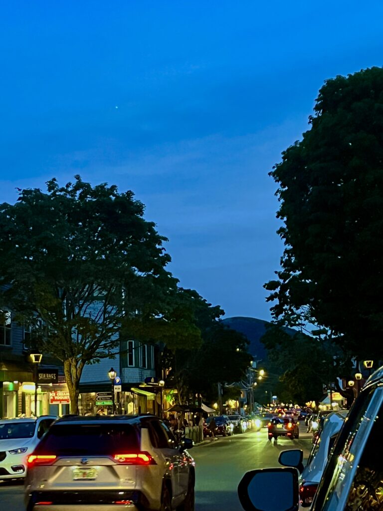 Bar Harbor Maine downtown Main Street after sunset first time visit