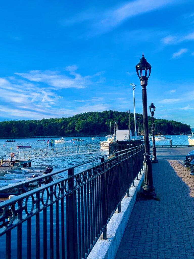 iew from Bar Harbor Maine looking out to Frenchman Bay islands and sailboats