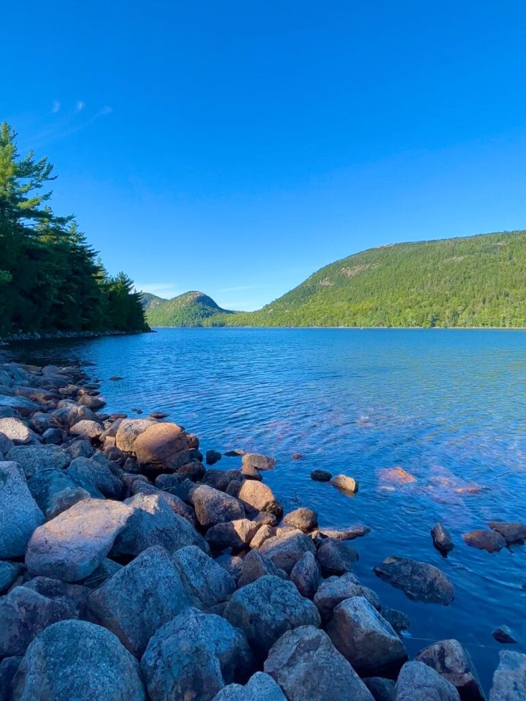 rocky shoreline at Jordan Pond Acadia National Park Maine first timers